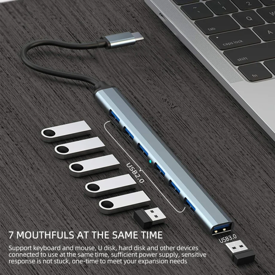 7 in 1 USB Hub 3.0 USB 2.0 Multi USB Hub Splitter Power Adapter